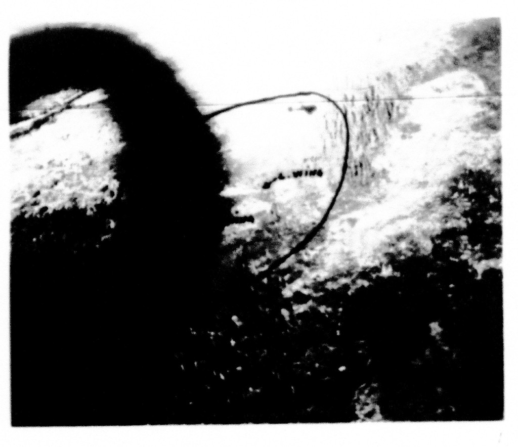 Image 1 from the crash report. "Photo attachment #1 shows approximate area circled over which wreckage was distributed." Griffing et al. 1947.