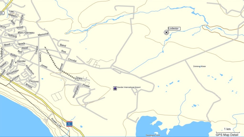 Map 1: Location of RCAF Lodestar 557 (DfAp-15) in relation to the Gander International Airport and side roads. From MapSource