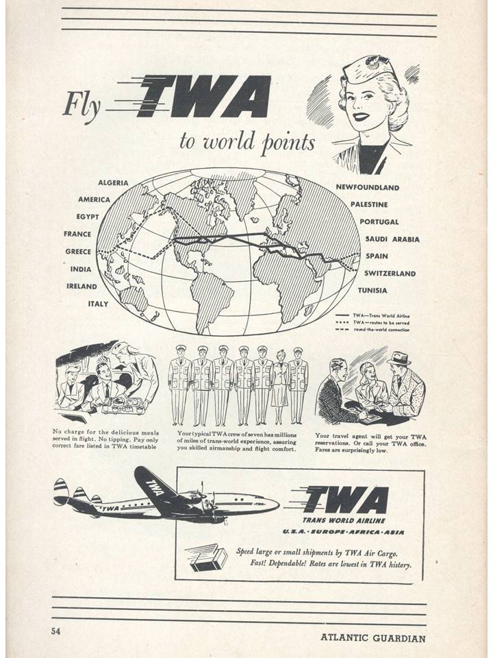 TWA advertisement from Atlantic Guardian 5(5) August 1948.