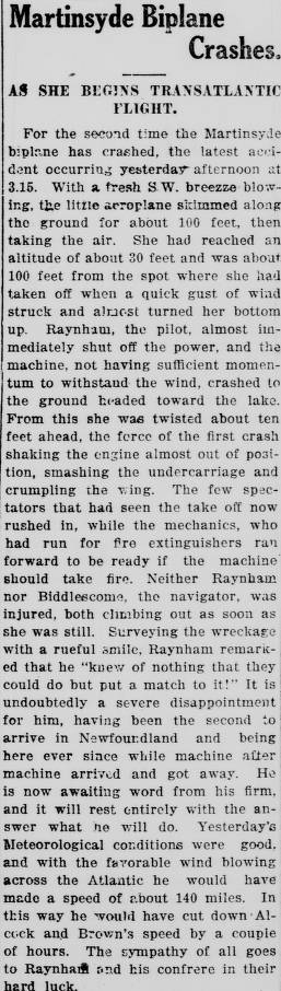 Article from The Evening Telegram about the Raymor's second attempt and second crash.