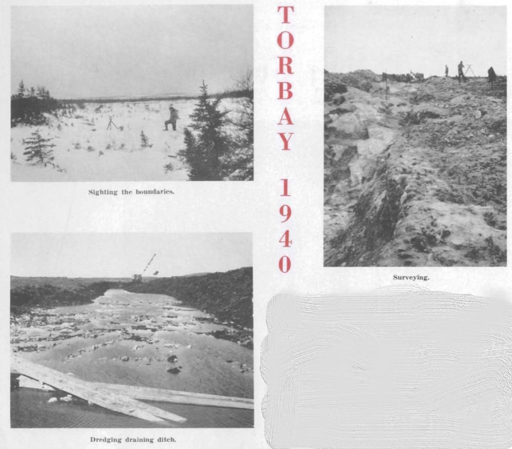 Three black and white photos. Top left is a man walking, knee-deep in the snow toward his surveyor's level. Small scrubby trees are visible. Top right is a muddy, possibly frozen terrain and two surveyor's and their level in the distance. Bottom left is a drainage ditch that is being dredged. Machinery is visible in the distance and a couple of boards are in the water in the foreground.