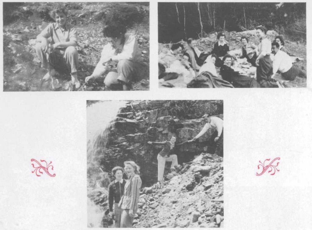 Three photos. Top left are two women sitting next to a rocky stream. Top right are a group of men and women sitting and lying on the edge of a forest. Bottom are four people next to a waterfall, backed by a rugged cliff. Two women are standing at the base of the waterfall while a man is helping a third woman climb a small pile of rocks.