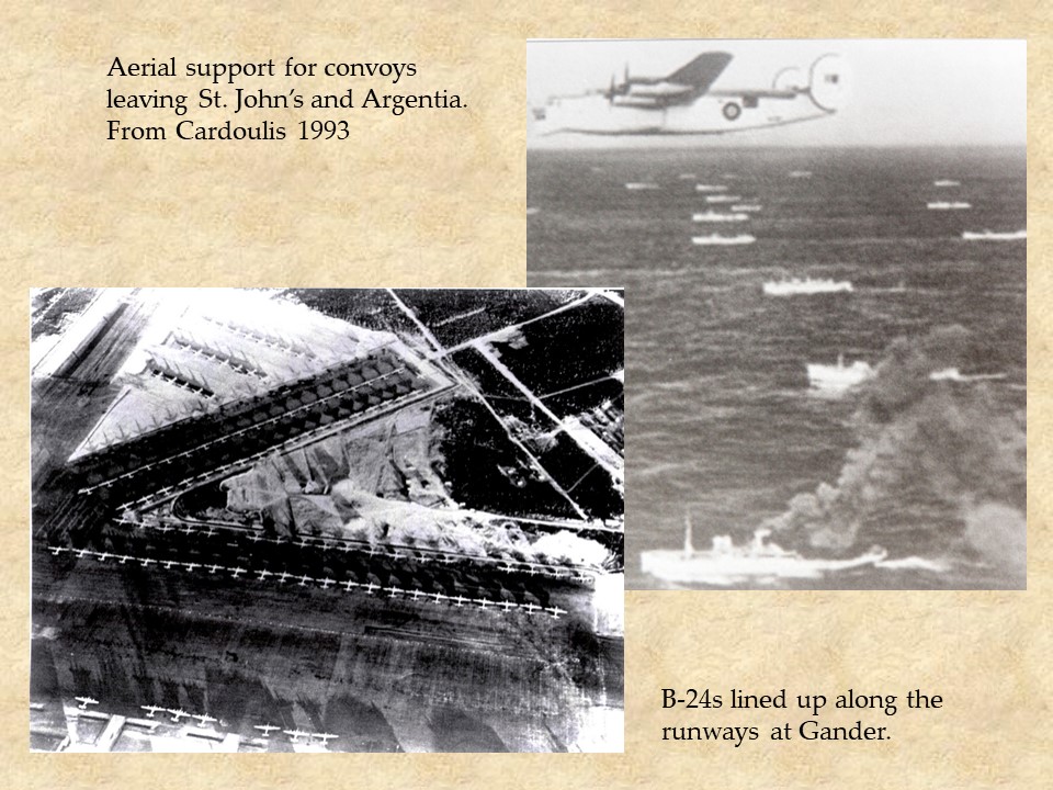 Two more black and white photos. This time one is of an aircraft flying over the ocean and ships (a convoy) are scattered across the sea. The other is an aerial of Gander airport with aircraft lining the runway waiting for their time to take off