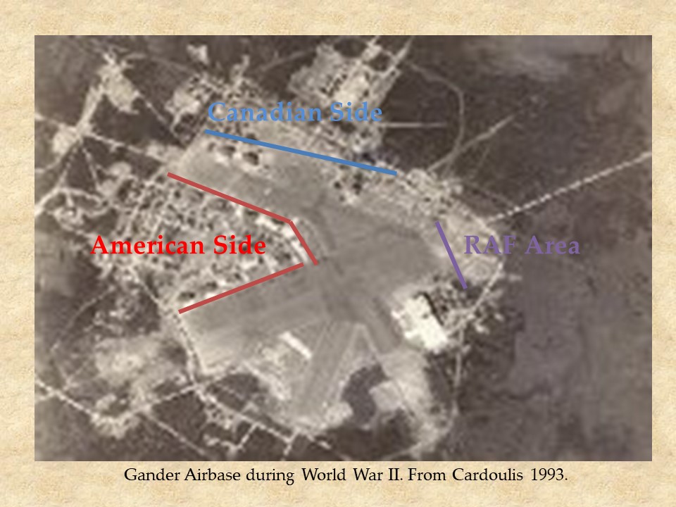 An aerial view of Gander with the American and Canadian sides of the base indicated
