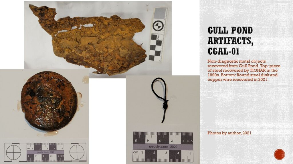Three images. The top is a rusted piece of steel, long and slightly curved. The lower left is a round piece of steel, and the lower right is a piece of copper wire twisted into a loop.

Text: Gull Pond artifacts, CgAl-01. Non-diagnostic metal objects recovered from Gull Pond. Top: piece of steel recovered by TIGHAR in the 1990s. Bottom: Round steel disk and copper wire recovered in 2021.

Caption: Photos by author, 2021.