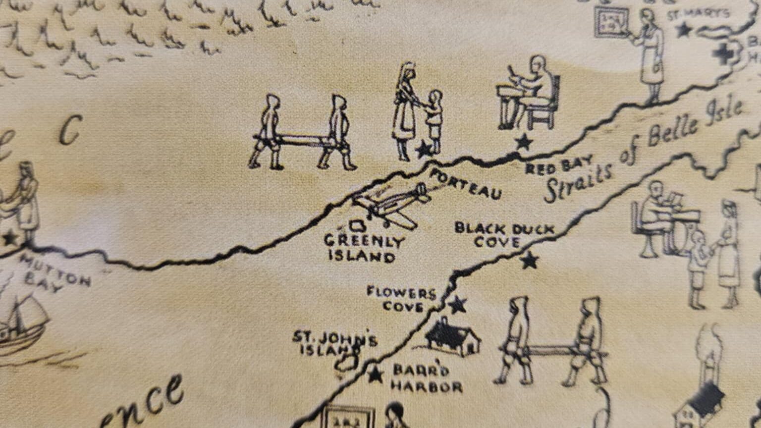 A crop of a larger map. The map is not to scale, and features drawings of people, such as teachers at blackboards, students in desks, what are likely Indigenous folks carrying items, and houses. The close-up is of the Straits of Belle Isle, written in the water, and marks a number of places along the strait, each marked by a star. These include Red Bay, Forteau, Black Duck Cove, Flowers Cove, St. John's Island, Barr'd Harbor, and Button Bay. At the centre of the image is a small aircraft flying toward Greenly Island.